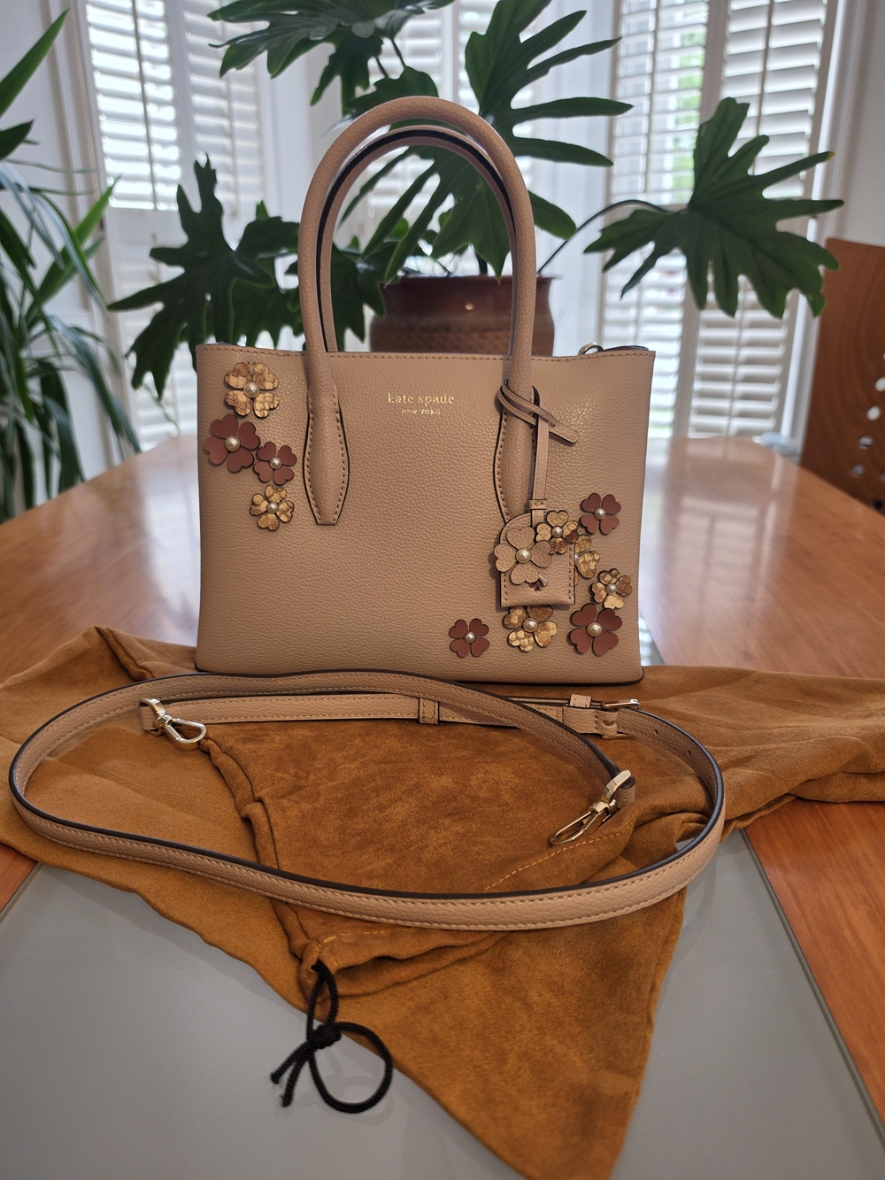 kate spade Beige Floral Appliqué Leather Satchel